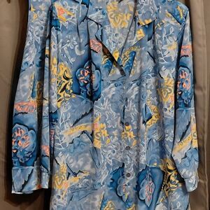 Maggie Sweet 2 Piece Abstract Blue and Yellow Button-Up Shirt Tank Size Large